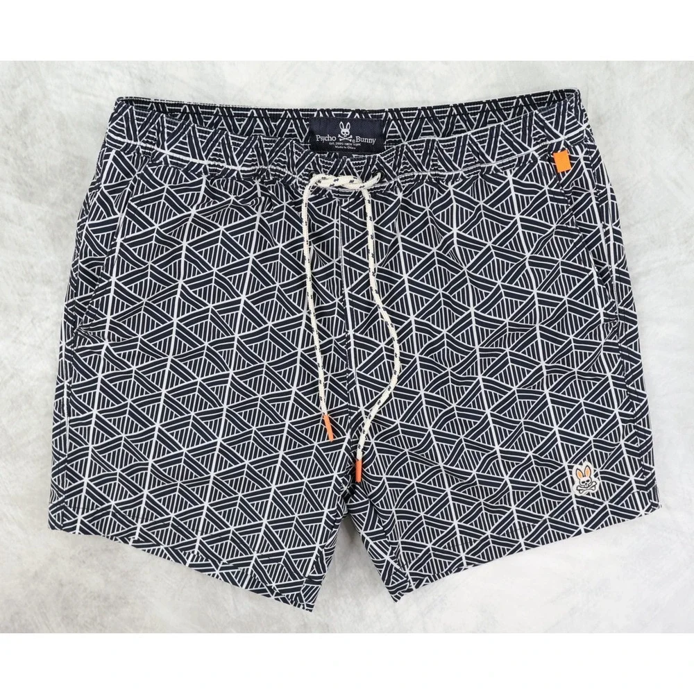 Psycho Bunny Swim Trunks Mens Small S Geometric Blue White Board Shorts Lined